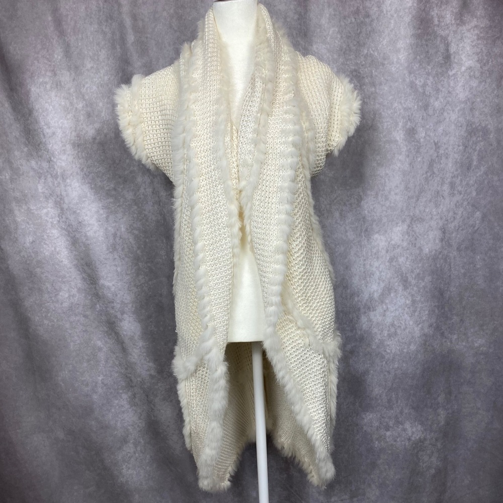 Gaby & Eden Cream Waffle Knit Rabbit Fur Trim Open Front Long Vest Cardigan XS/S